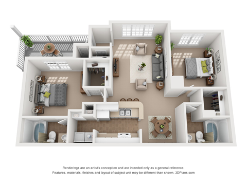 Floor plan for 2 beds, 2 baths, 1362 sqft